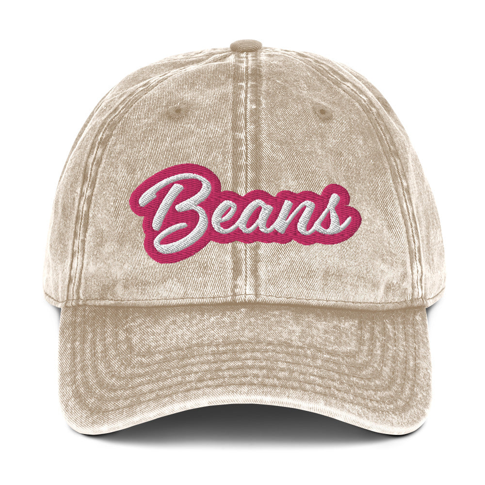 Tan beans dad hat - This Beans dad hat is comfortable, adjustable and is made just for you. It's a classic unstructured hat with the word "Beans" embroidered on the front in pink and white. This vintage-style bean enthusiast dad hat for foodies and bean lovers. It comes in a variety of stylish faded colors and is the perfect weird gift.