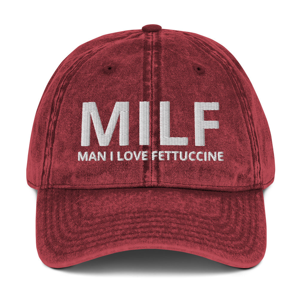 Maroon MILF man I love fettuccine dad hat from Nina's Funky Shop by ninanush - This funny MILF dad hat is comfortable, unique and makes the perfect hat for foodies and fettuccine enthusiasts. It comes in a variety of colors with "MILF Man I Love Fettuccine" embroidered on the front. Stand out, eat pasta and add a little personality to your style in this funny dad hat for fettuccine lovers.