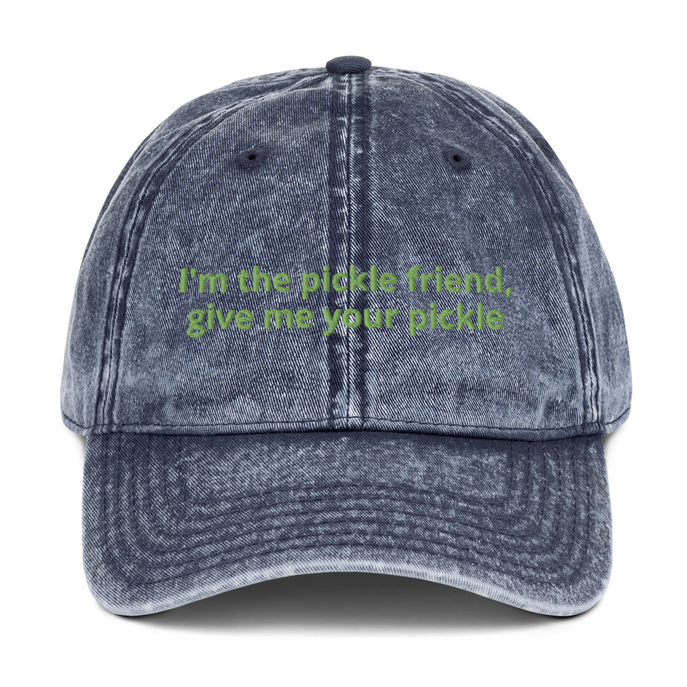 Blue pickle friend dad hat by ninanush - The perfect hat for pickle lovers. The I'm the pickle friend, give me your pickles dad hat for pickle enthusiasts. This silly foodie dad hat stands out with a quirky design and pickle saying. Eat your favorite pickles in this unique pickle dad hat or give it as a funny gift for pickle enthusiasts and foodies of all kinds.
