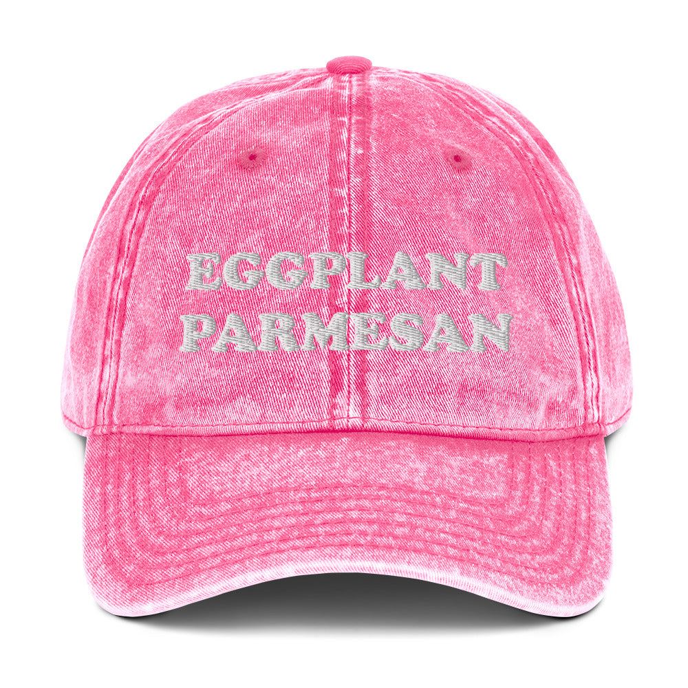 Pink eggplant parmesan dad hat - An eggplant parmesan hat for foodies and Italian food enthusiasts. Celebrate eggplant parm in this funny embroidered dad hat. It's a unique foodie hat that's made just for you. Share your love for eggplant parmesan in this random statement dad hat or give it as a funny gift for foodie or eggplant lovers of all kinds.