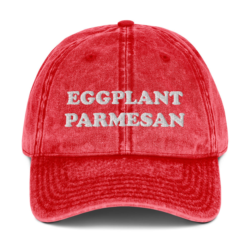 Red eggplant parmesan dad hat - An eggplant parmesan hat for foodies and Italian food enthusiasts. Celebrate eggplant parm in this funny embroidered dad hat. It's a unique foodie hat that's made just for you. Share your love for eggplant parmesan in this random statement dad hat or give it as a funny gift for foodie or eggplant lovers of all kinds.