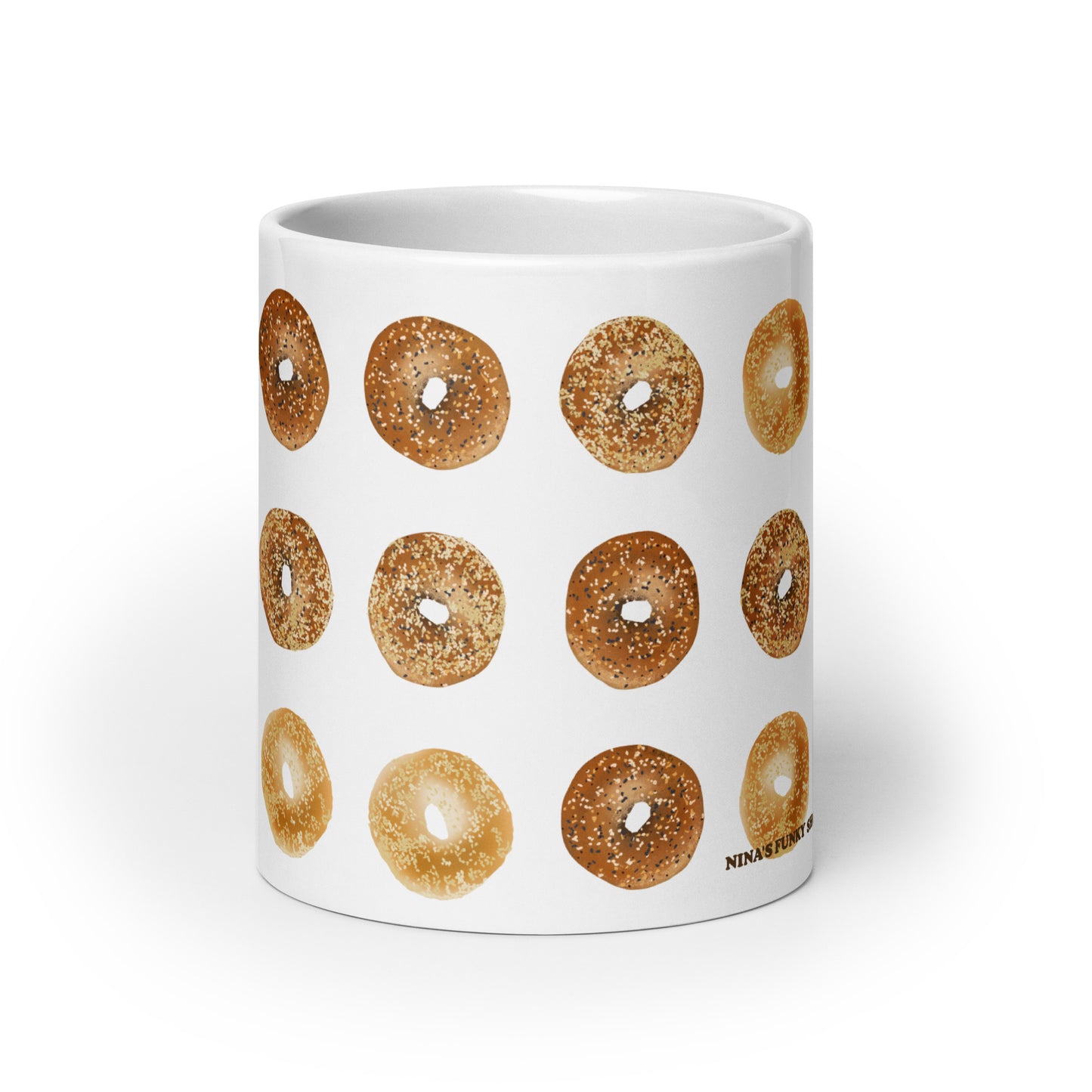 A dozen bagels design - Introducing our 12 Bagels mug! The perfect foodie mug for coffee, tea and everything in between! It comes in three different sizes with a unique, hand drawn bagel design by Nina. The ultimate mug for bagel enthusiasts or gift for foodies of all kinds. Celebrate your favorite foods with our funky foodie finds