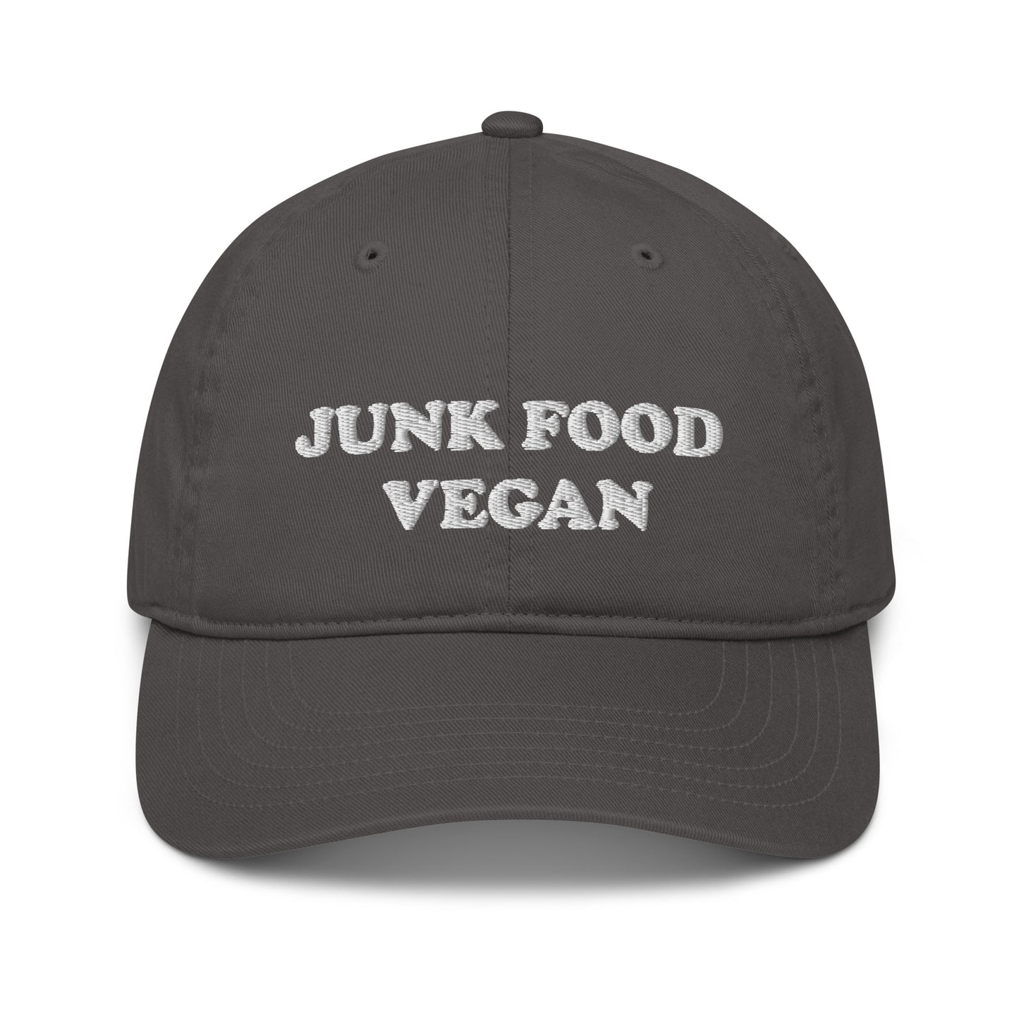 Gray Vegan Dad Hat - This junk food vegan dad hat is comfortable, adjustable and best of all - eco friendly. It's a funny vegan hat that's expertly embroidery just for you. Make a statement, be kind to all kinds and eat your favorite vegan junk food.
