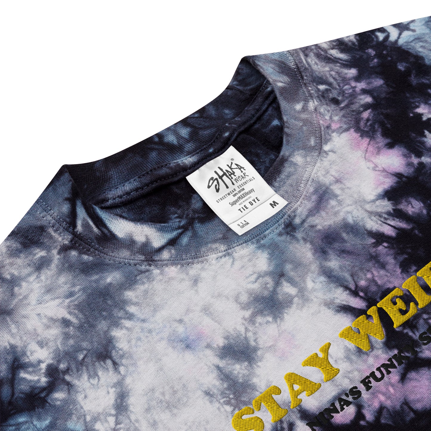 Stay weird in this streetwear essential. The funky t-shirt has "STAY WEIRD" embroidered in yellow and "NINA'S FUNKY SHOP" in black. This oversized tie-dye t-shirt is cool and stylish with a relaxed fit and durable, heavyweight cotton material. Celebrate your individuality in our unique foodie hats, weird t-shirts and more.