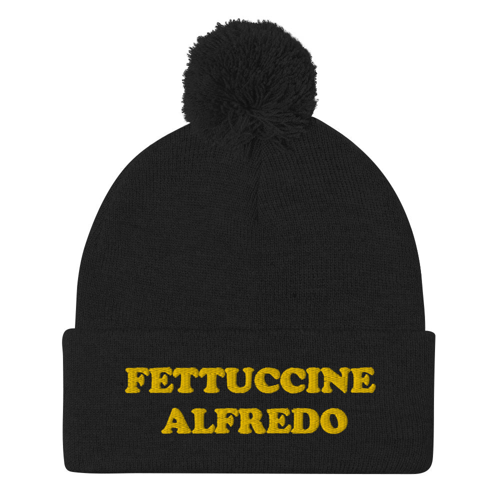 Black Fettuccine Alfredo Beanie from Nina's Funky Shop by ninanush - Do you love Fettuccine Alfredo? Looking for a funny foodie gift? This warm and cozy, embroidered pom pom beanie is just what you need. Show off in our classic beanie with "Fettuccine Alfredo" on the front. It's the perfect funny beanie for pasta lovers, fettuccine Alfredo enthusiasts and foodies of all kinds.