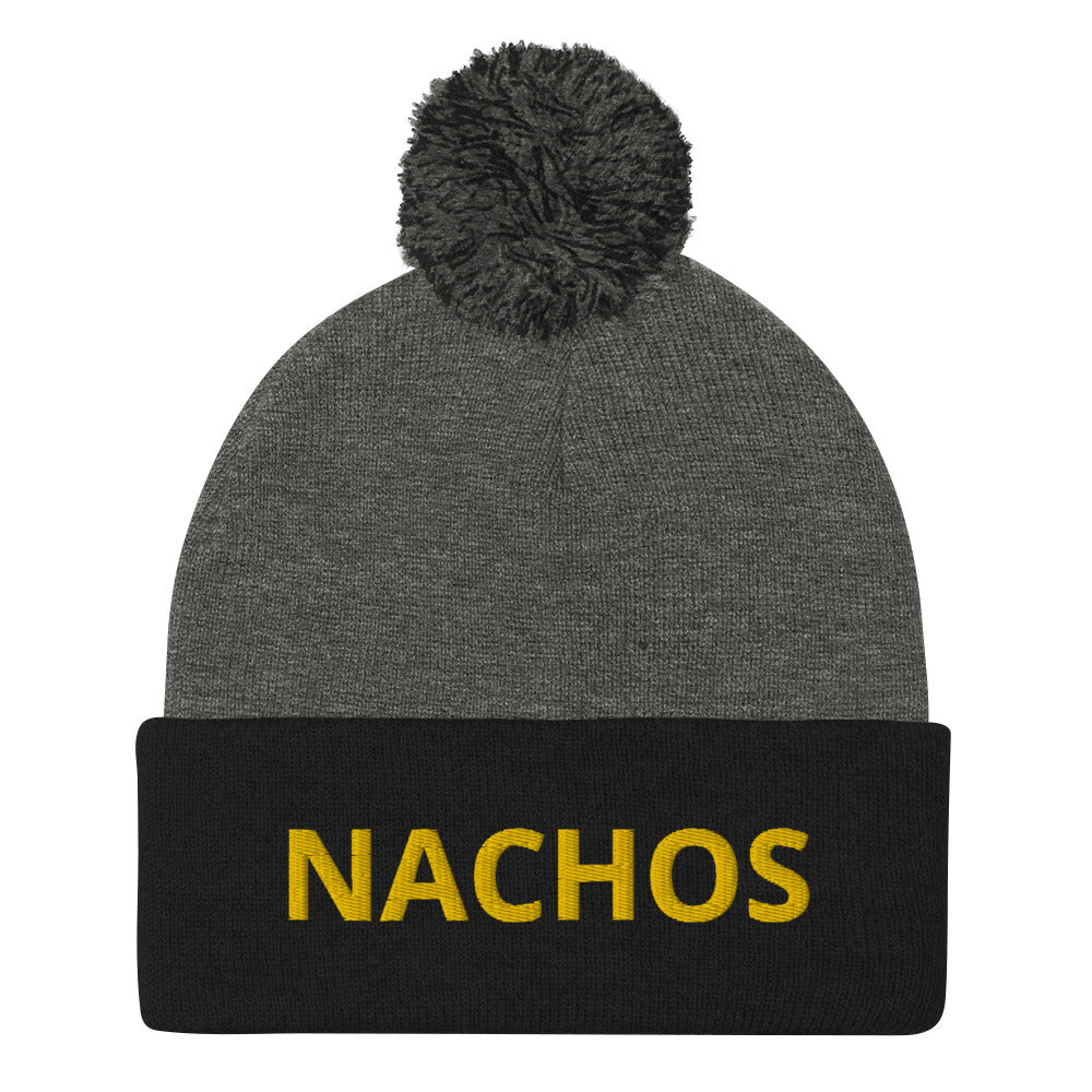 Gray and Black - nachos beanie - Love nachos? Looking for a funny hat for a foodie? Our Nachos Beanie is is comfortable, warm and expertly embroidered just for you. It's a classic beanie with a pom pom on tap, perfect for everyday streetwear or a gift for a nacho enthusiast.