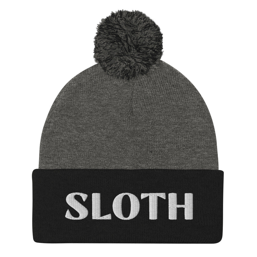 Gray and black - What's your spirit animal? This sloth beanie is a perfect warm and cozy hat for cold weather. The sloth spirit animal beanie has a white sloth embroidery that's a perfect unique gift for sloth lovers & animal lovers. Shop funny spirit animal beanies, foodie clothing, vegan graphic t-shirts, garlic hats and more.