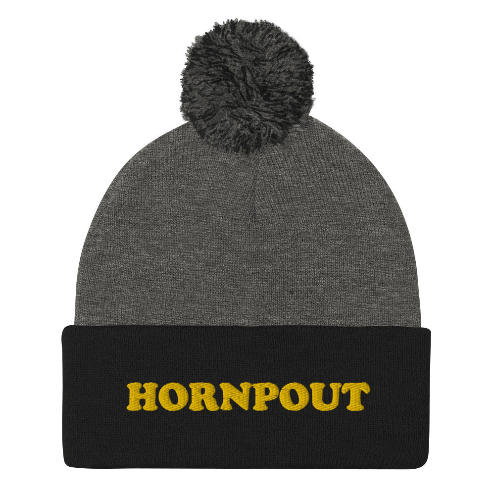 An embroidered "HORNPOUT" beanie with a pom-pom on top. This funky weird beanie is warm and cozy. It's a weird winter fishing hat that's unique & original. The hornpout hat is a weird beanie for fishing and a quirky street wear hat, too. Shop weird hats, funny beanies for foodies, and weird gifts for animal lovers.