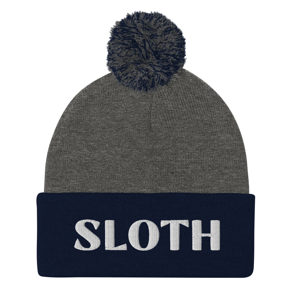 Gray and Navy - What's your spirit animal? This sloth beanie is a perfect warm and cozy hat for cold weather. The sloth spirit animal beanie has a white sloth embroidery that's a perfect unique gift for sloth lovers & animal lovers. Shop funny spirit animal beanies, foodie clothing, vegan graphic t-shirts, garlic hats and more.