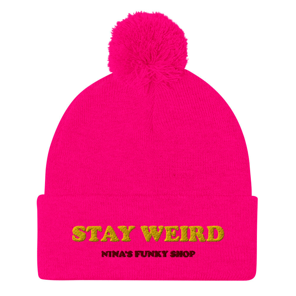 This "STAY WEIRD" beanie by Nina's Funky Shop is a classic beanie with a pom pom on top and a unique embroidery. Our weird hats and funky beanies are only available at Nina's Funky Shop by ninanush. Stay weird, stay funky, stay wild and celebrate your individuality in our original designs.