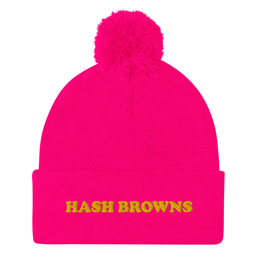 Hot pink beanie with pompom for Breakfast lovers - Pink Hash brown beanie - Unique and cozy hash browns beanie. Eat your favorite hash browns for breakfast in this classic beanie with a pom pom on top. The funny food hat is warm, comfortable and perfect for everyday streetwear. This hash browns hat is a great weird gift for foodies or funny food beanie for hash brown and breakfast lovers.