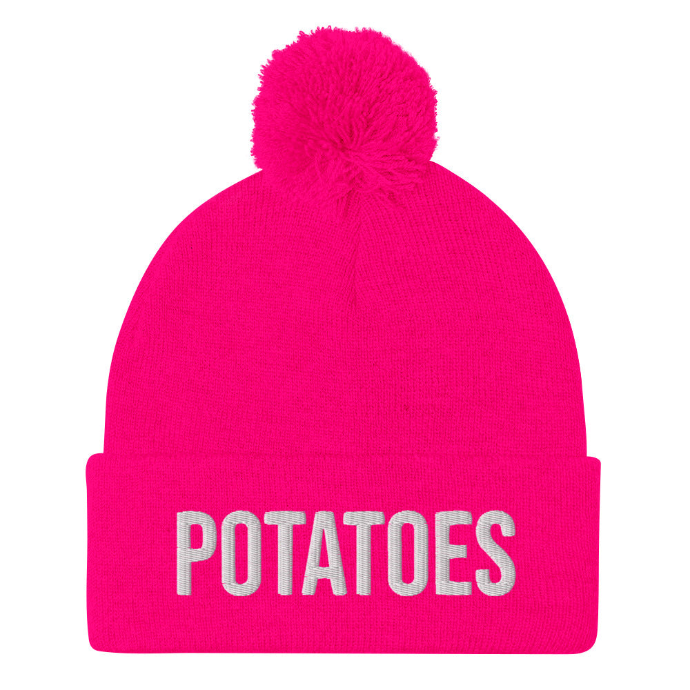 Hot pink potato beanie with white embroidery for foodies - A unique potato lover beanie for foodies. This weird hat is a classic unisex embroidered foodie beanie. Everyone loves potatoes. Make a statement and celebrate the magic of potatoes in all of it's forms in this potato lover accessory. Or give this foodie beanie hat as a funny gift for foodies and potato enthusiasts.