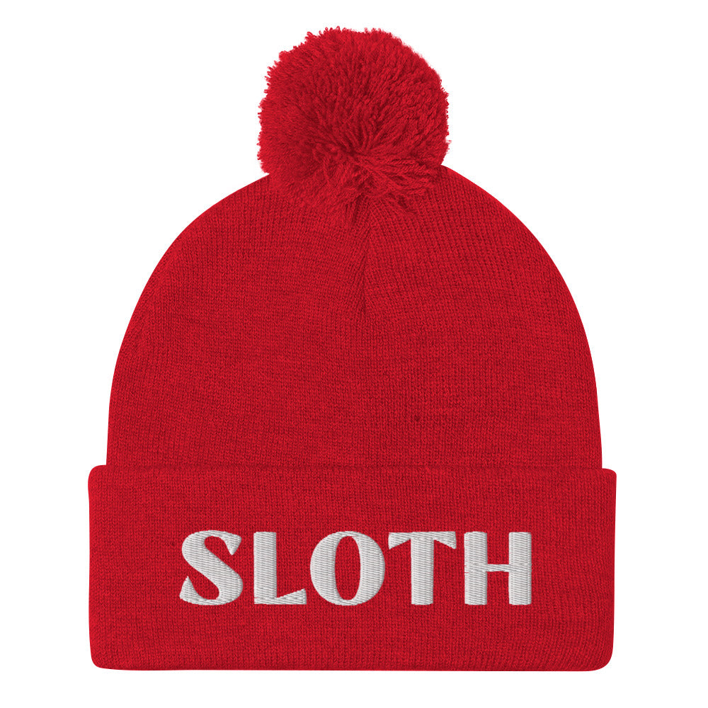 Red - What's your spirit animal? This sloth beanie is a perfect warm and cozy hat for cold weather. The sloth spirit animal beanie has a white sloth embroidery that's a perfect unique gift for sloth lovers & animal lovers. Shop funny spirit animal beanies, foodie clothing, vegan graphic t-shirts, garlic hats and more.