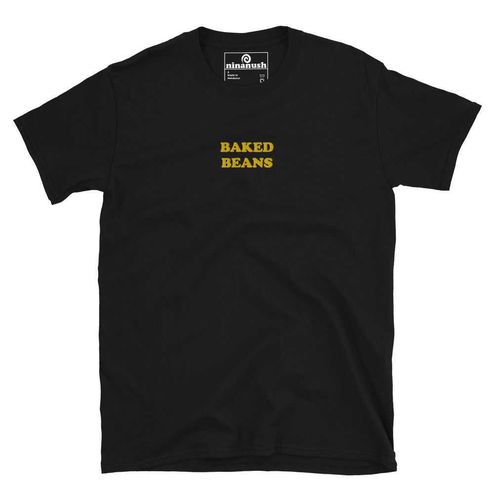 This funky baked beans t-shirt is a funny foodie t-shirt. Stay weird with "BAKED BEANS" on the front of a black tee. Our original funny designs are unique & eco-friendly. Need a weird gift idea? Shop weird hats, funny beanies, quirky foodie tees, and more... like our baked beans beanie and other weird foodie clothing.