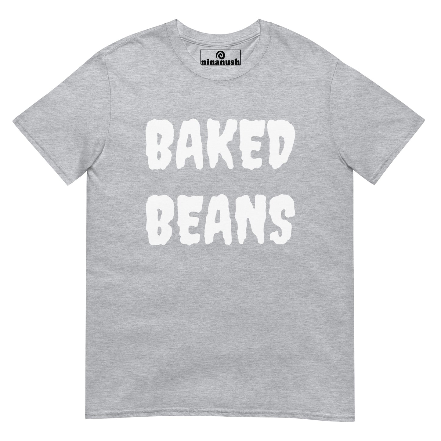 Light gray baked beans t-shirt from Nina's Funky Shop by ninanush - BAKED BEANS 🔥 Our Baked Beans Shirt is soft, comfortable and a funny food shirt for everyday. It's a classic cotton t-shirt for foodies with "Baked Beans", expertly printed on the front. Stand out and eat your favorite beans in this spooky t-shirt. The perfect shirt for baked bean enthusiasts and foodies of all kinds.