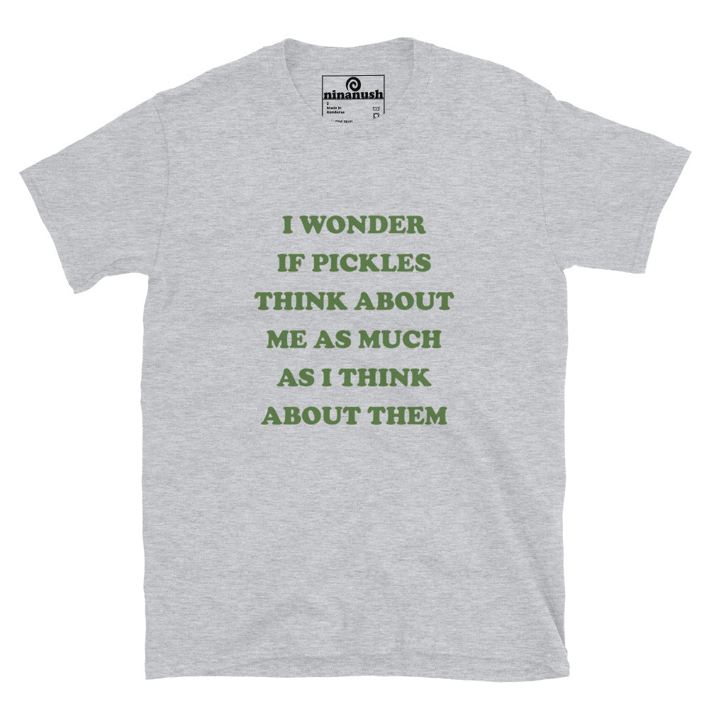 Light gray pickle lover t-shirt with funny foodie quote - I wonder if pickles think about me as much as I think about them. Eat pickles in style in this funny pickles t-shirt or give it as a unique gift for pickle lovers. It's a classic t-shirt with a quirky, funny quote about pickles. Make a statement and celebrate your favorite pickles in our funky foodie clothing and accessories.