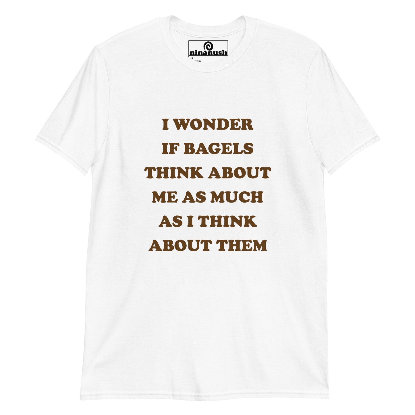 White funny bagel quote t-shirt for foodies - I wonder if bagels think about me as much as I think about them. Eat bagels in style in this funny bagel t-shirt or give it as a unique gift for bagel lovers. It's a classic t-shirt with a quirky, funny quote about bagels. Make a statement and celebrate your favorite bagels in our funky foodie clothing and accessories.
