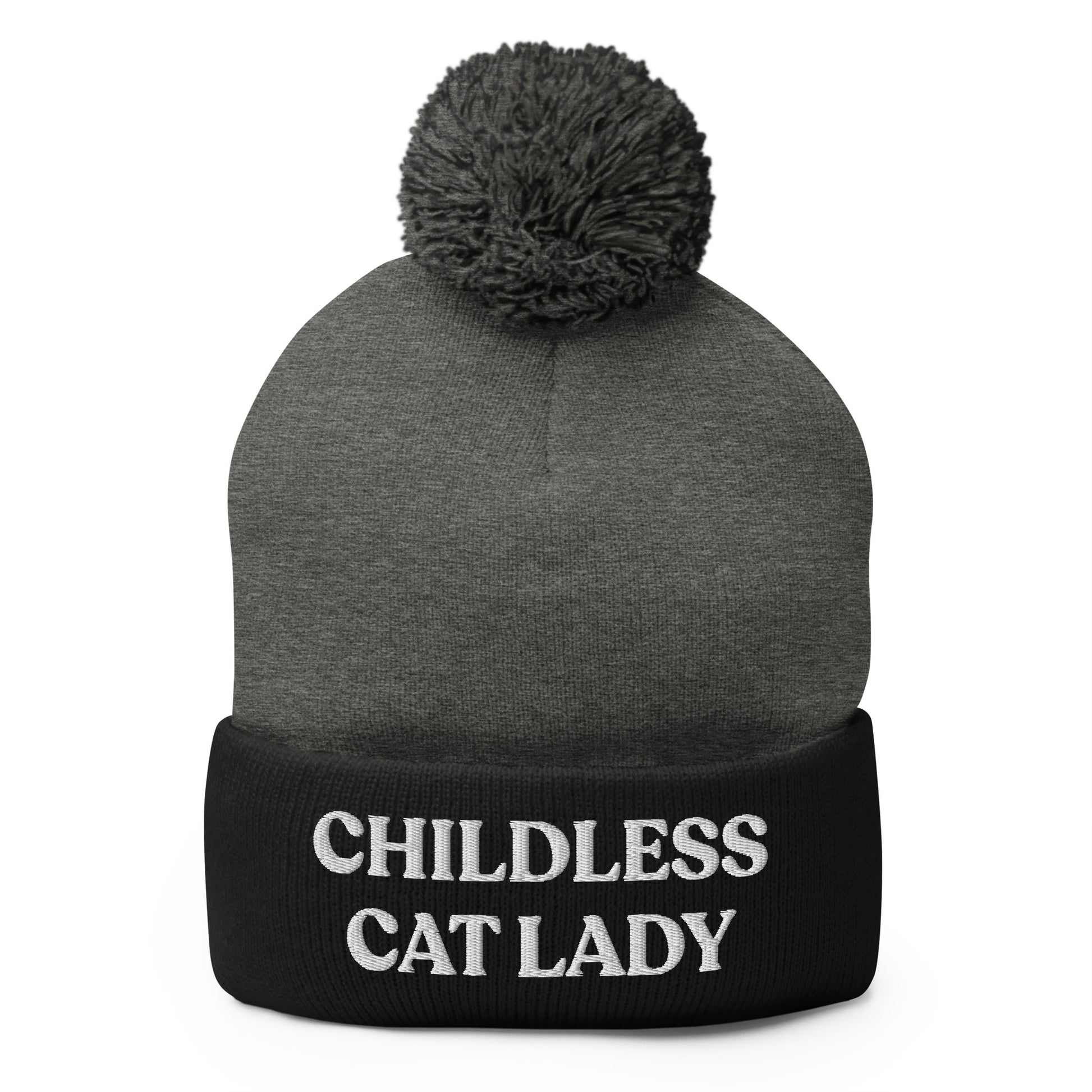 Black and Gray Childless Cat Lady Pom Pom Beanie