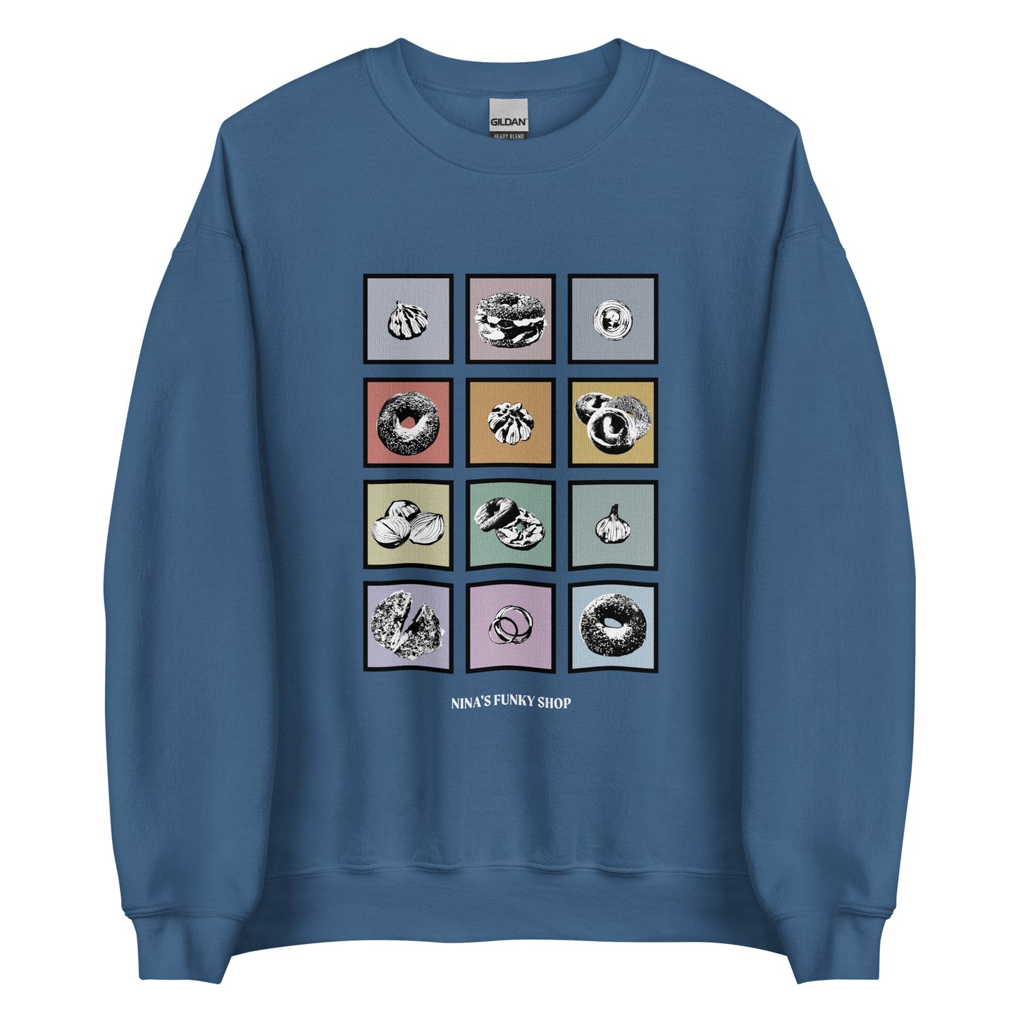 Indigo Blue Colorful Bagels Onions and Garlic Sweatshirt