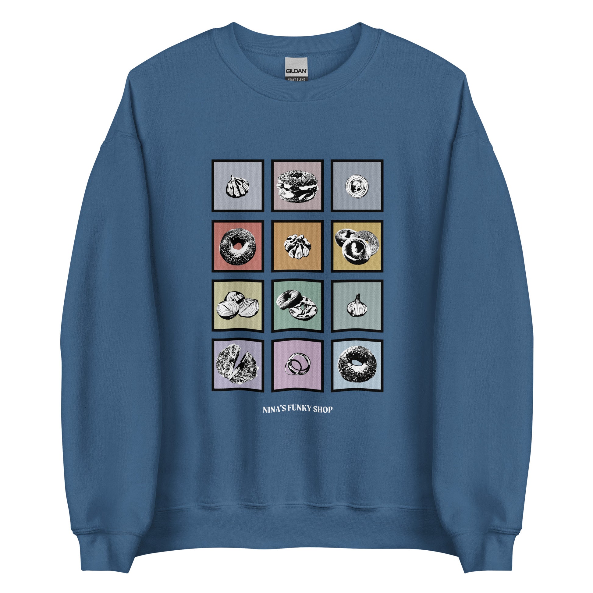 Indigo Blue Colorful Bagels Onions and Garlic Sweatshirt