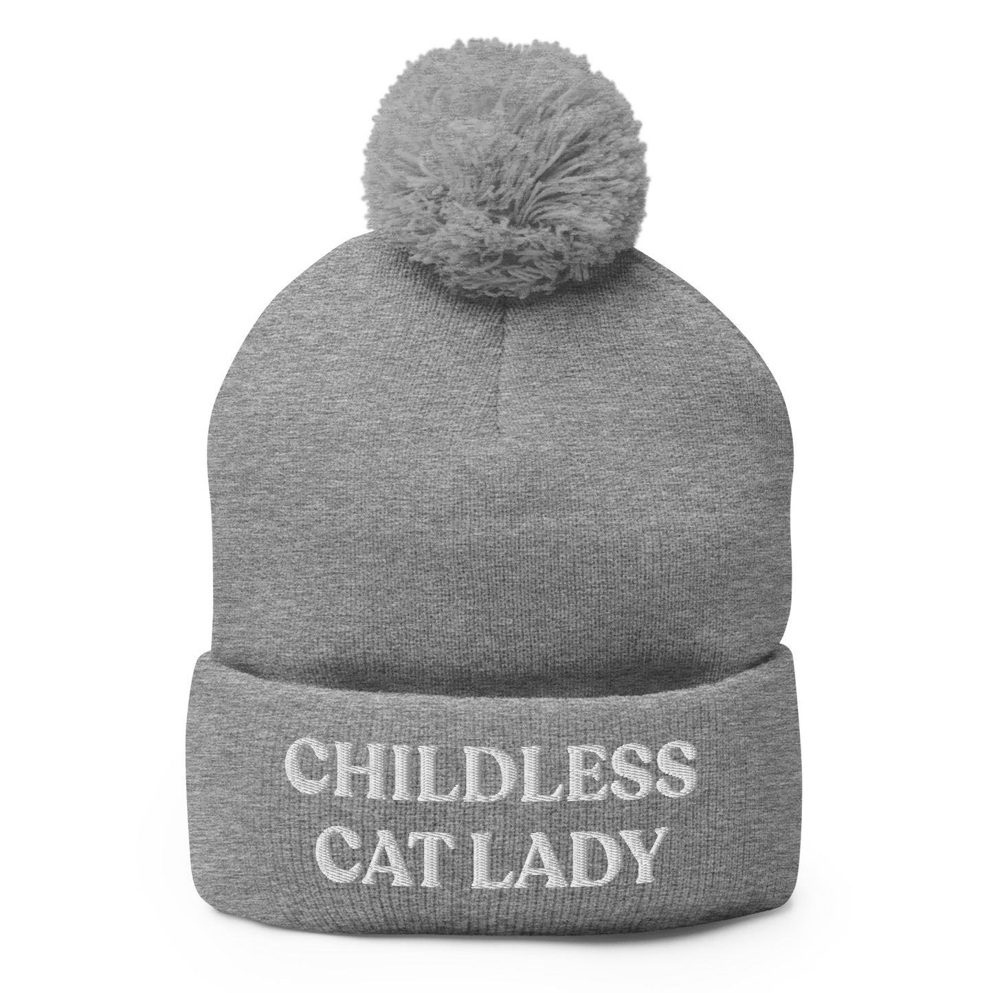 Light Gray Childless Cat Lady Pom Pom Beanie