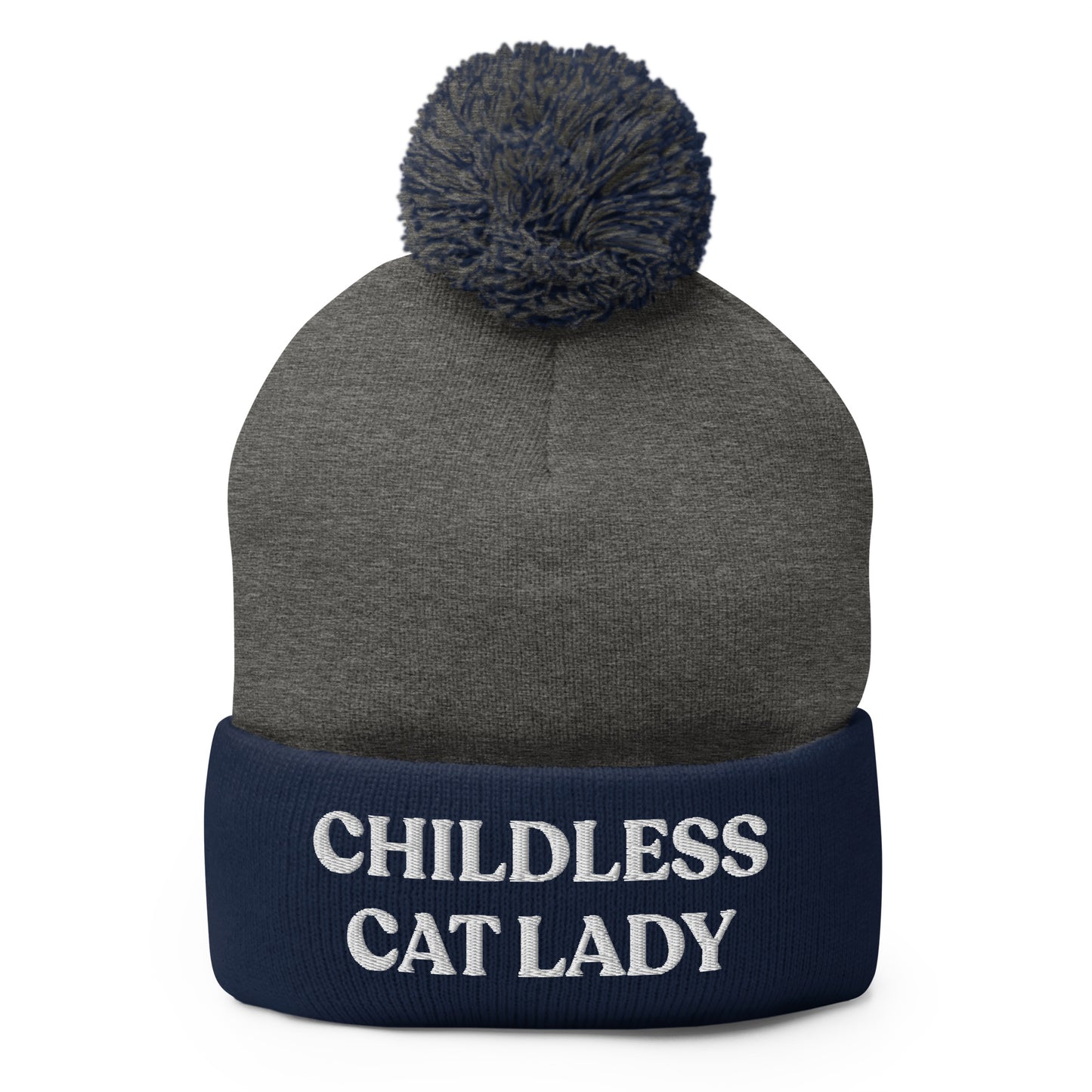 Navy and Gray Childless Cat Lady Pom Pom Beanie