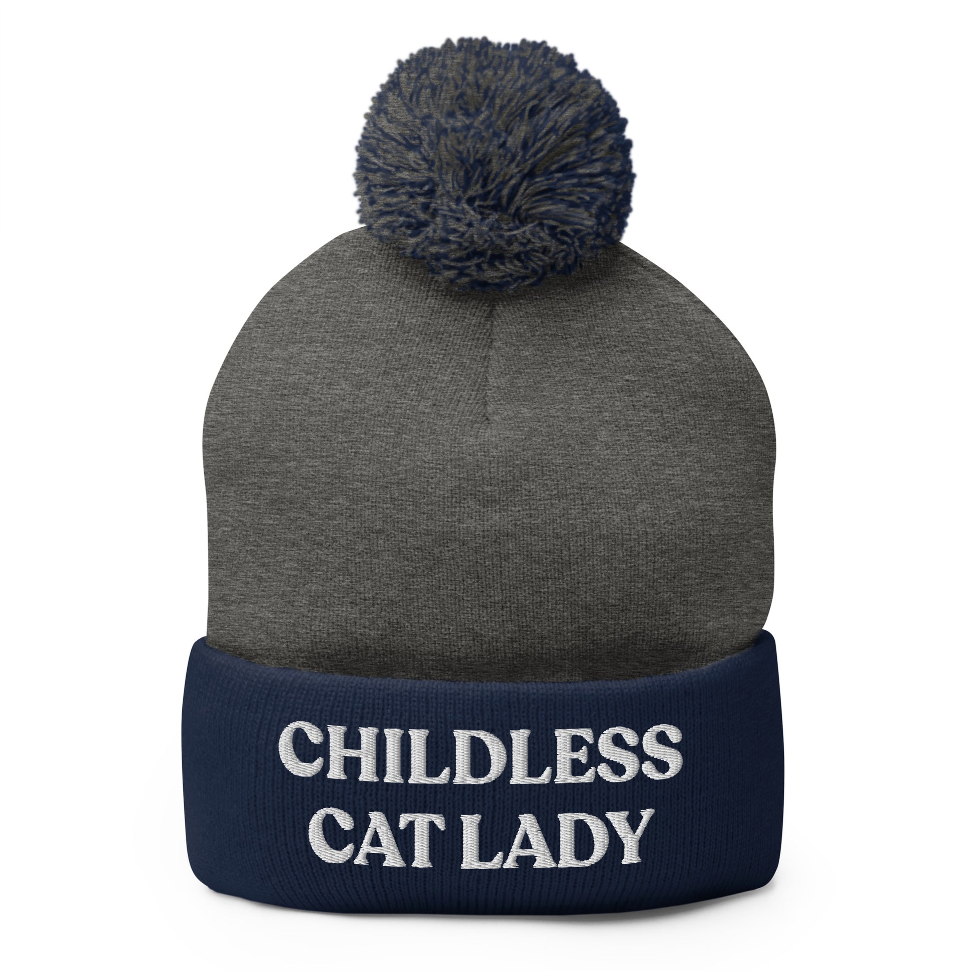Navy and Gray Childless Cat Lady Pom Pom Beanie