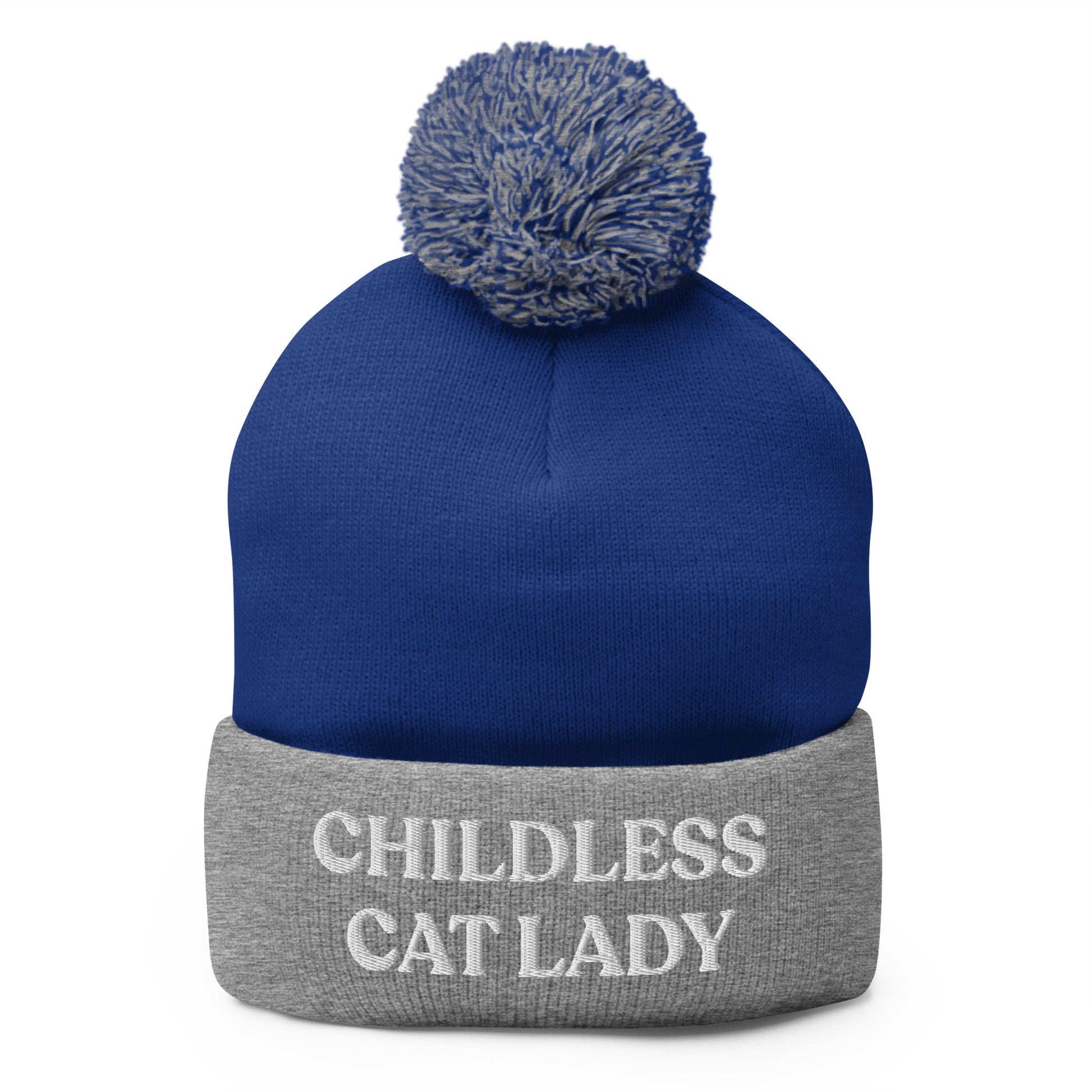 Royal Blue and Gray Childless Cat Lady Pom Pom Beanie