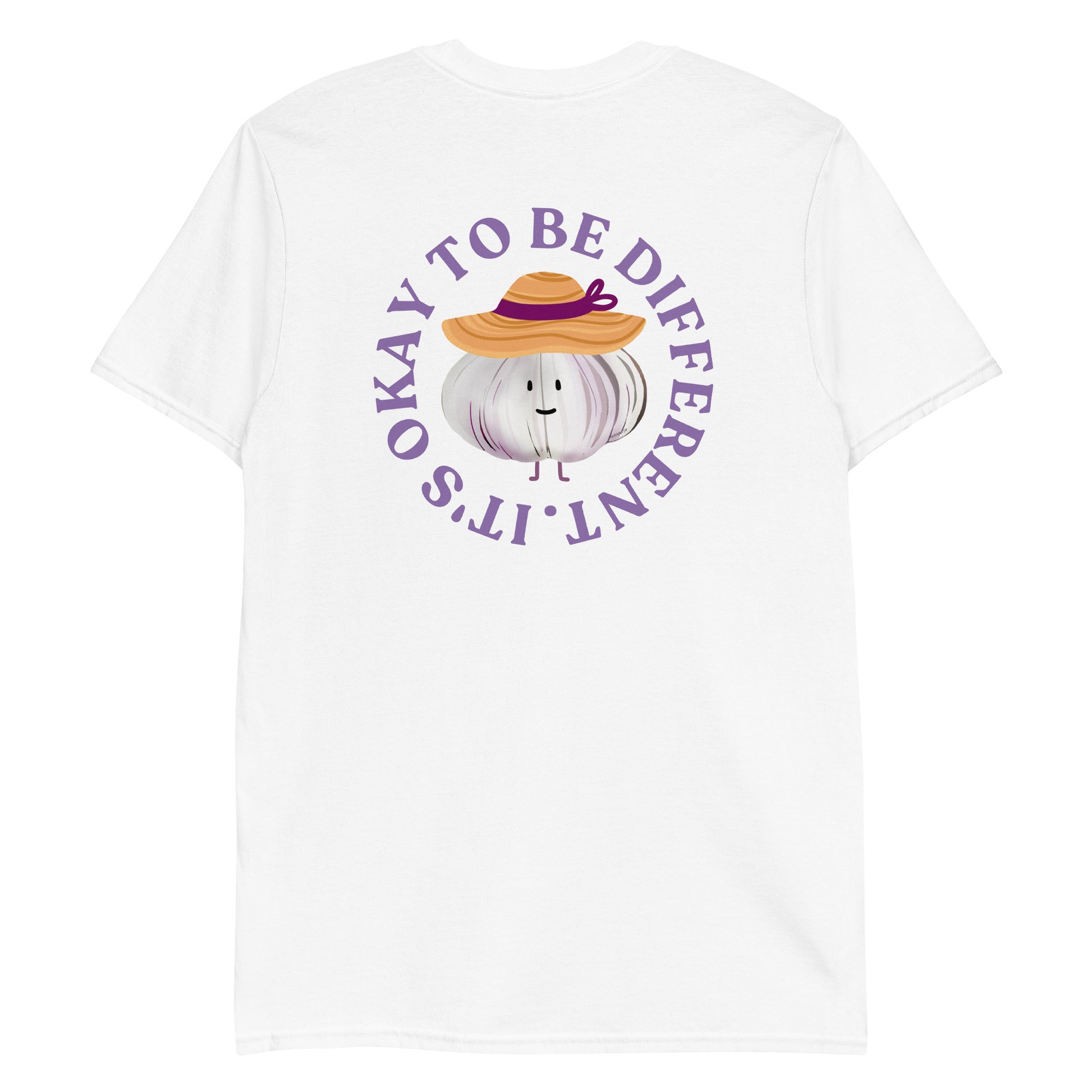 White It's Okay To Be Different Garlic Sunhat T-Shirt - Front & Back