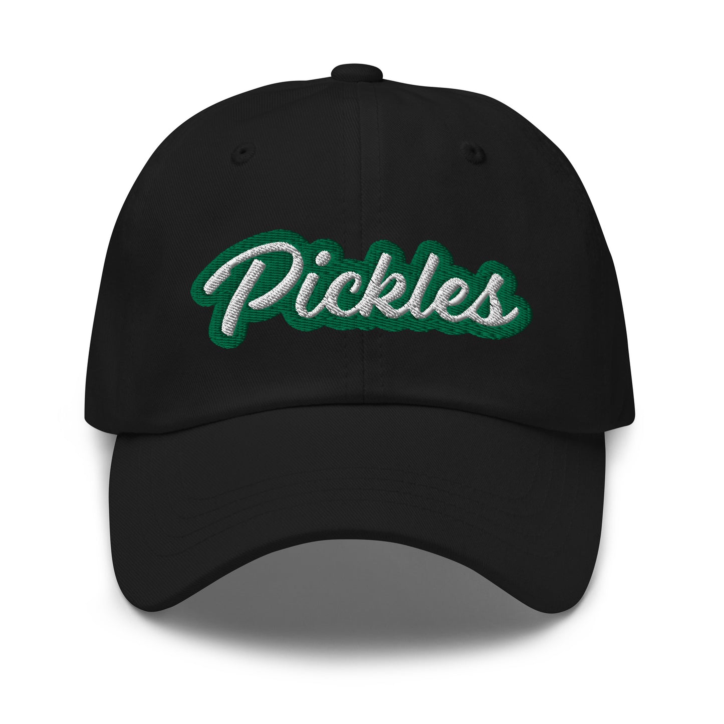Black Pickles Hat - Love pickles? Looking for a funny gift for a pickle friend? This pickles hat is made of comfortable cotton with an adjustable closure and the word "pickles", expertly embroidered on the front in green and white. Make a statement and eat your favorite pickles in this funny foodie accessory.