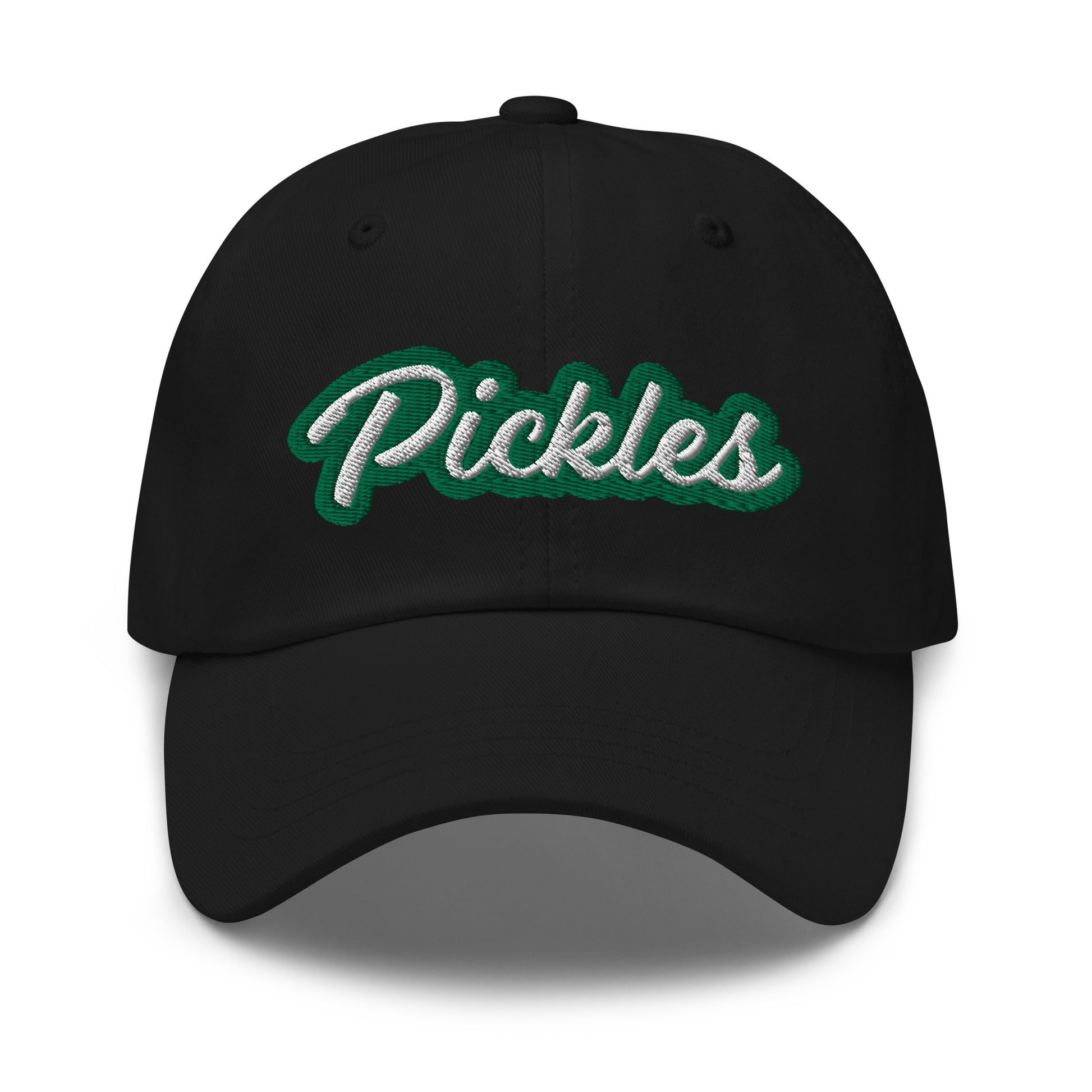 Black Pickles Hat - Love pickles? Looking for a funny gift for a pickle friend? This pickles hat is made of comfortable cotton with an adjustable closure and the word "pickles", expertly embroidered on the front in green and white. Make a statement and eat your favorite pickles in this funny foodie accessory.