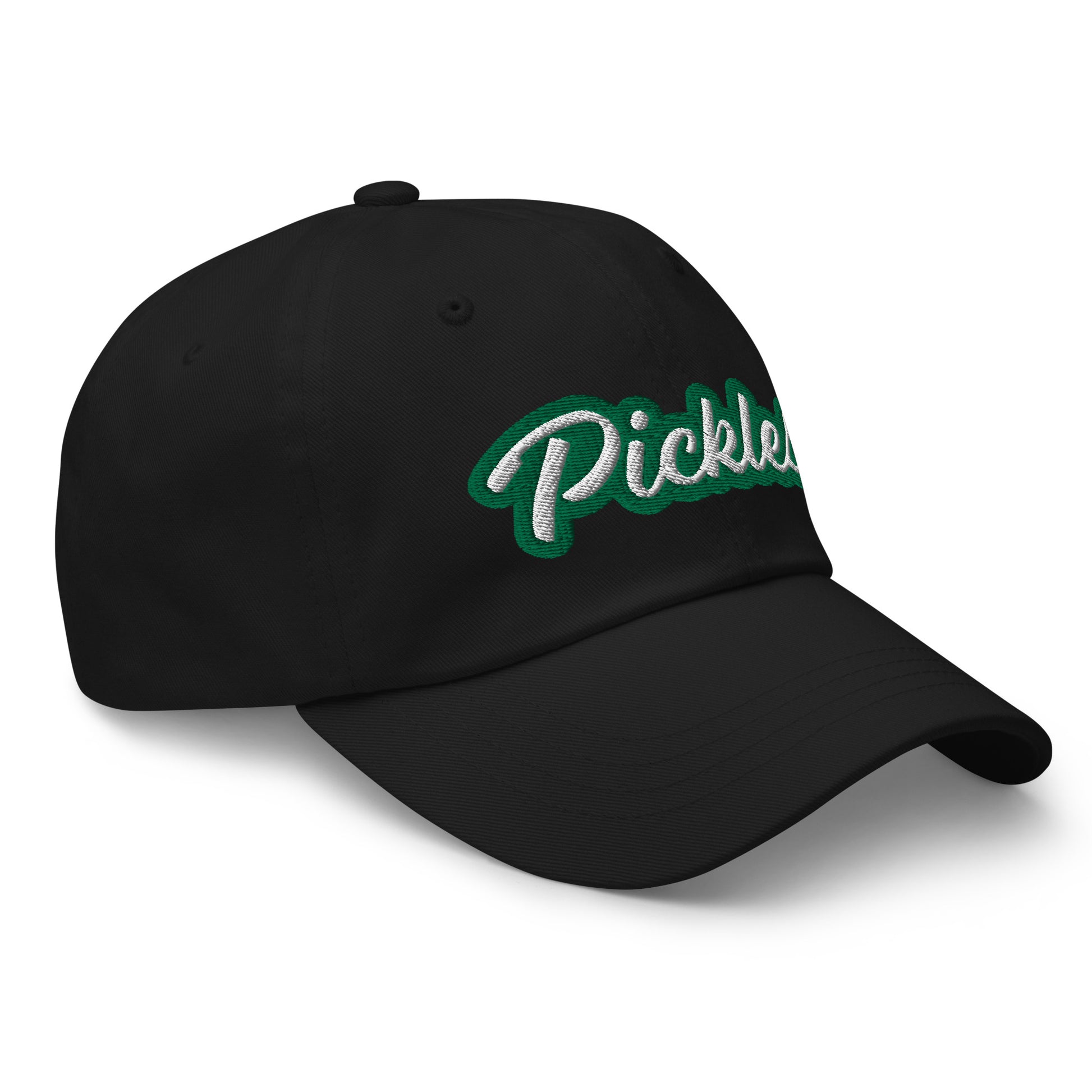 Black Pickles Hat - Love pickles? Looking for a funny gift for a pickle friend? This pickles hat is made of comfortable cotton with an adjustable closure and the word "pickles", expertly embroidered on the front in green and white. Make a statement and eat your favorite pickles in this funny foodie accessory.