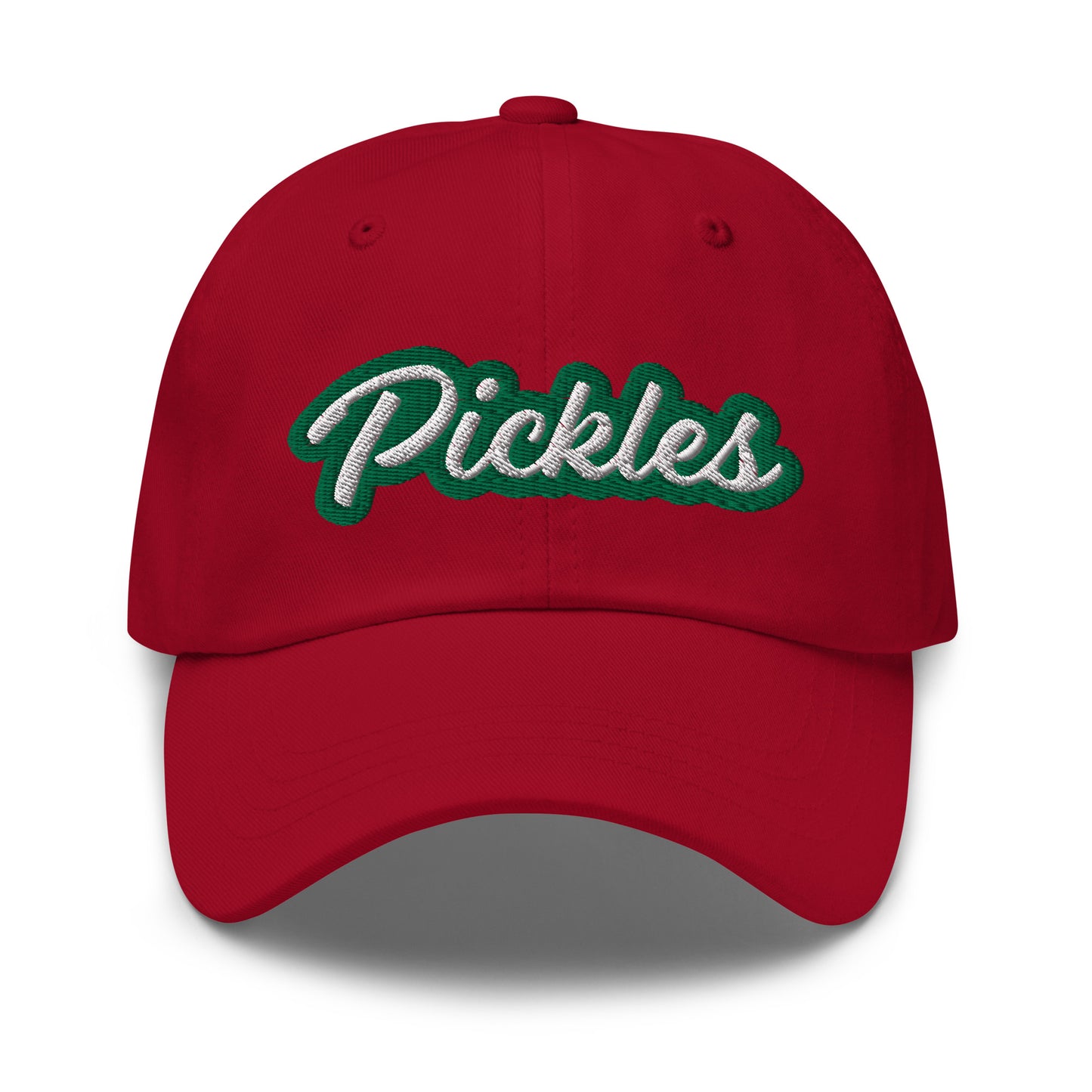 Red Pickles Hat - Love pickles? Looking for a funny gift for a pickle friend? This pickles hat is made of comfortable cotton with an adjustable closure and the word "pickles", expertly embroidered on the front in green and white. Make a statement and eat your favorite pickles in this funny foodie accessory.