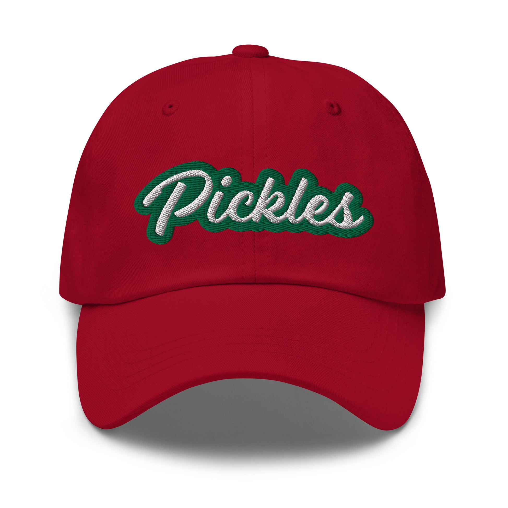 Red Pickles Hat - Love pickles? Looking for a funny gift for a pickle friend? This pickles hat is made of comfortable cotton with an adjustable closure and the word "pickles", expertly embroidered on the front in green and white. Make a statement and eat your favorite pickles in this funny foodie accessory.