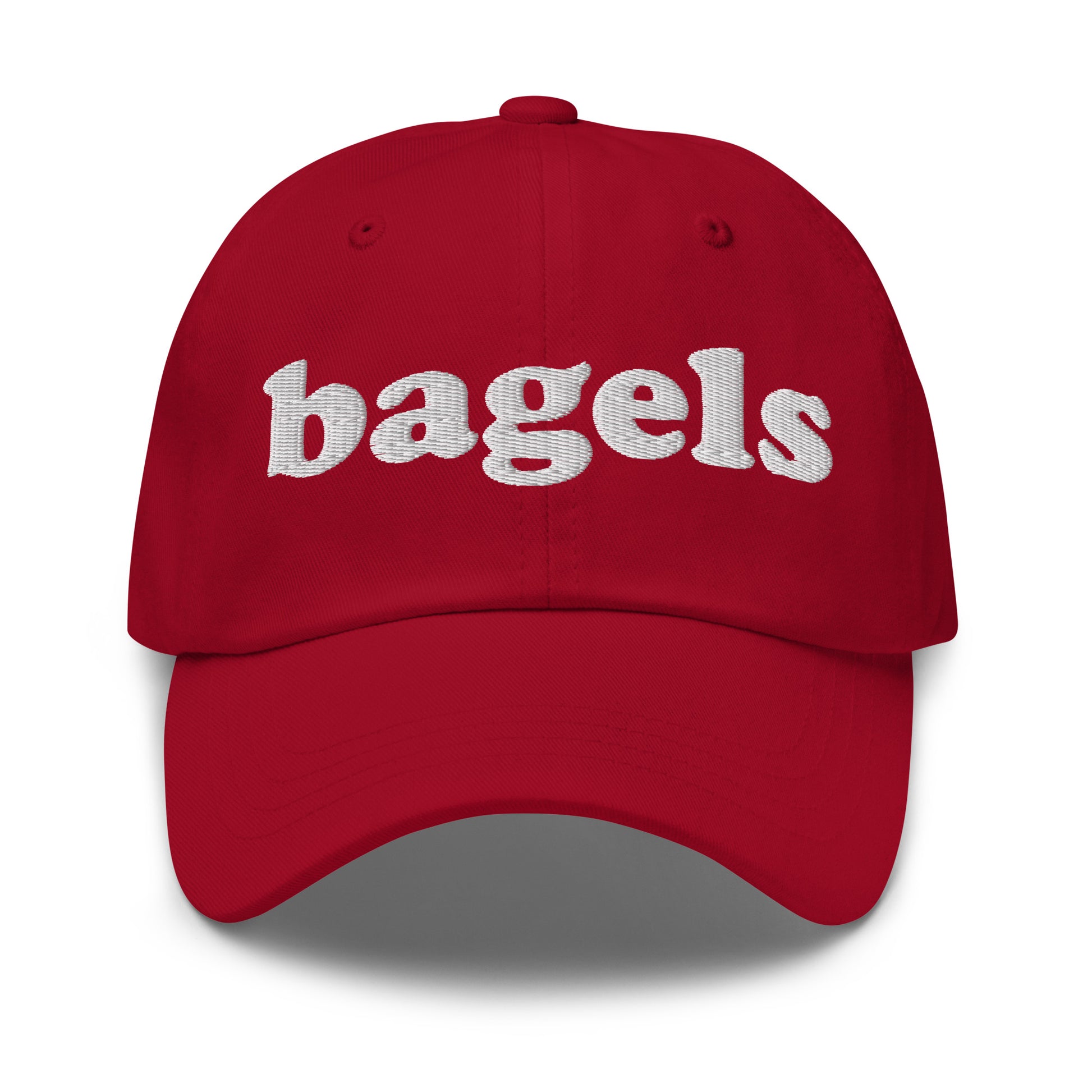 Red Bagels Hat - Our Bagels Hat is comfortable, adjustable and comes in a variety of colors, expertly embroidered just for you. It's a funny dad hat for bagels lovers and foodies alike. Perfect for everyday streetwear or a gift for a bagel enthusiast. 

