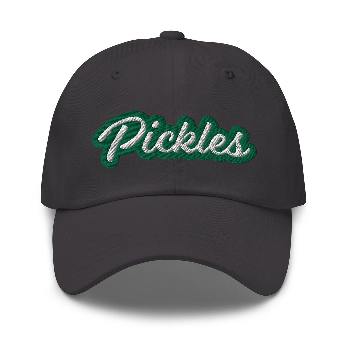 Dark Gray Pickles Hat - Love pickles? Looking for a funny gift for a pickle friend? This pickles hat is made of comfortable cotton with an adjustable closure and the word "pickles", expertly embroidered on the front in green and white. Make a statement and eat your favorite pickles in this funny foodie accessory.