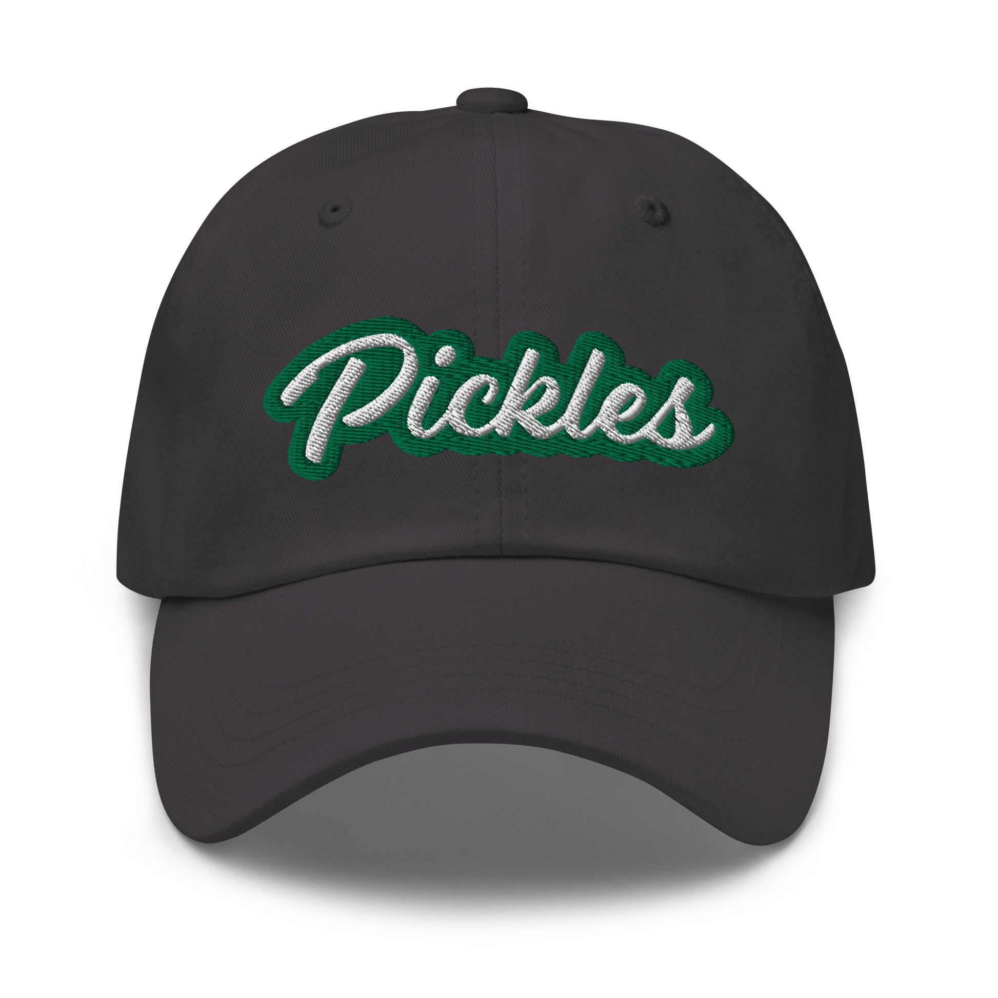 Dark Gray Pickles Hat - Love pickles? Looking for a funny gift for a pickle friend? This pickles hat is made of comfortable cotton with an adjustable closure and the word "pickles", expertly embroidered on the front in green and white. Make a statement and eat your favorite pickles in this funny foodie accessory.