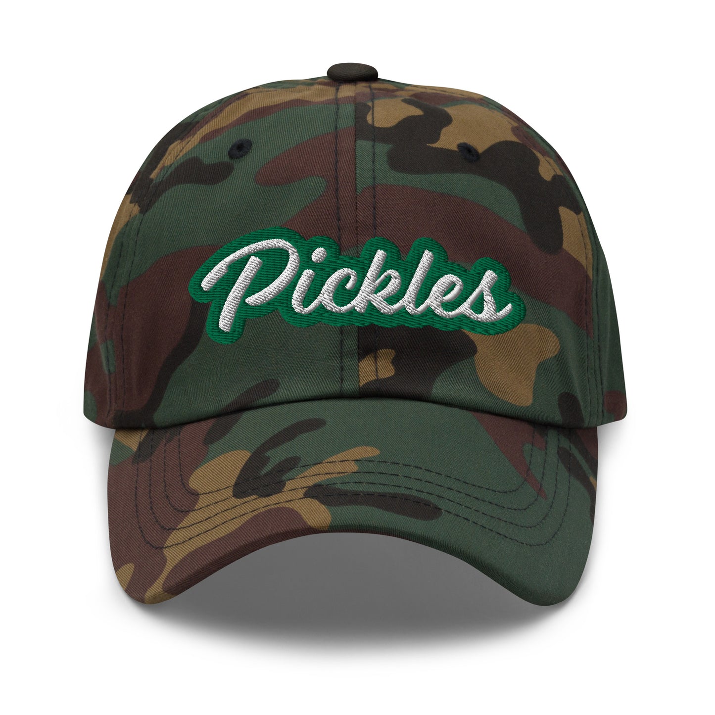 Camo Pickles Hat - Love pickles? Looking for a funny gift for a pickle friend? This pickles hat is made of comfortable cotton with an adjustable closure and the word "pickles", expertly embroidered on the front in green and white. Make a statement and eat your favorite pickles in this funny foodie accessory.