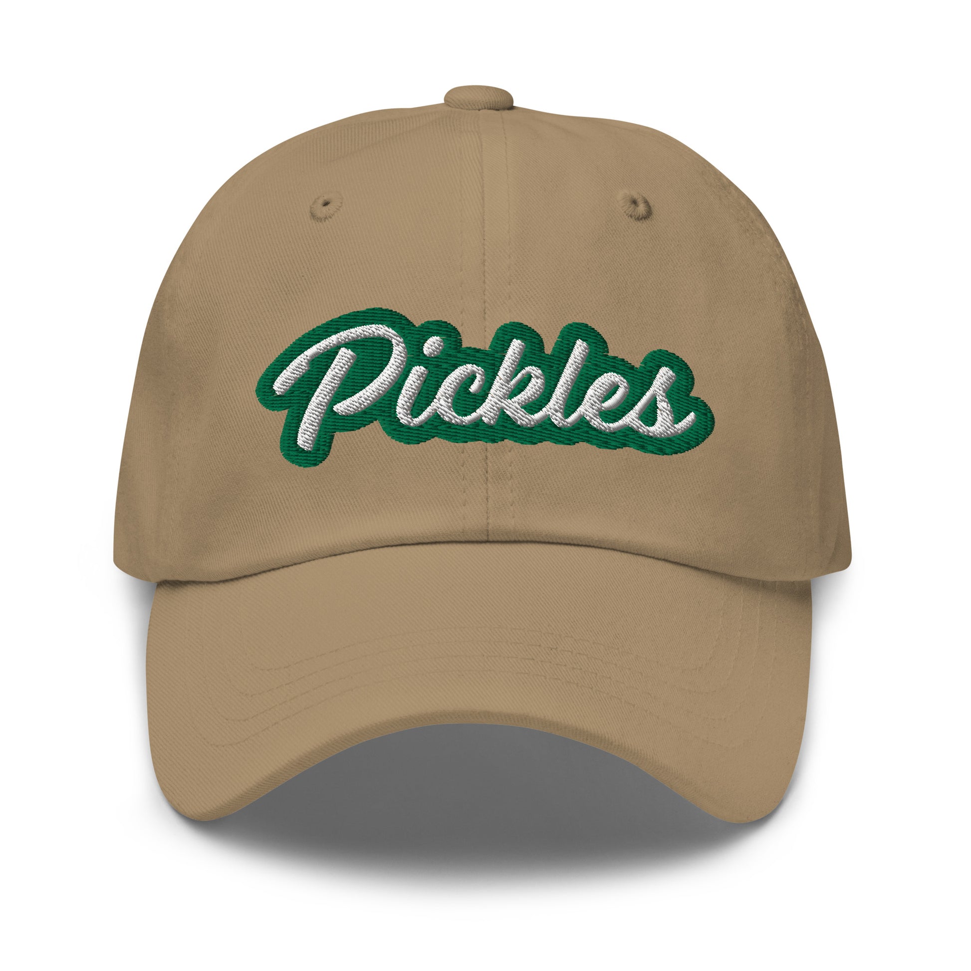 Khaki Pickles Hat - Love pickles? Looking for a funny gift for a pickle friend? This pickles hat is made of comfortable cotton with an adjustable closure and the word "pickles", expertly embroidered on the front in green and white. Make a statement and eat your favorite pickles in this funny foodie accessory.