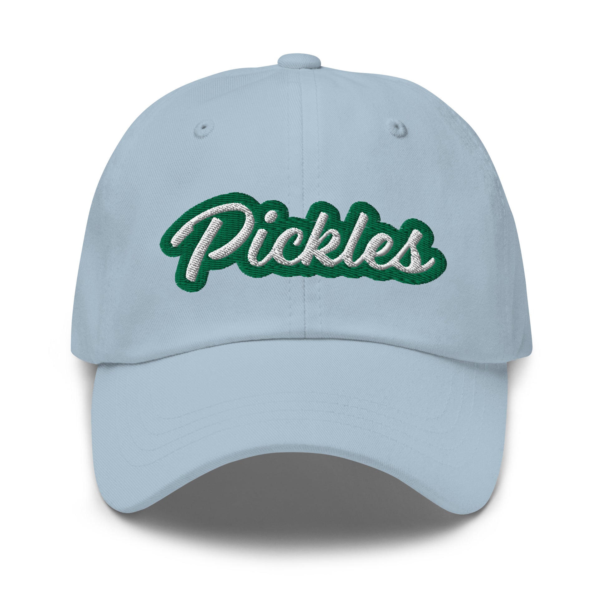 Light Blue Pickles Hat - Love pickles? Looking for a funny gift for a pickle friend? This pickles hat is made of comfortable cotton with an adjustable closure and the word "pickles", expertly embroidered on the front in green and white. Make a statement and eat your favorite pickles in this funny foodie accessory.