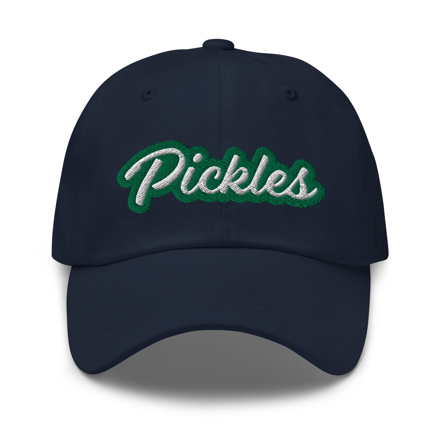 Navy Pickles Hat - Love pickles? Looking for a funny gift for a pickle friend? This pickles hat is made of comfortable cotton with an adjustable closure and the word "pickles", expertly embroidered on the front in green and white. Make a statement and eat your favorite pickles in this funny foodie accessory.