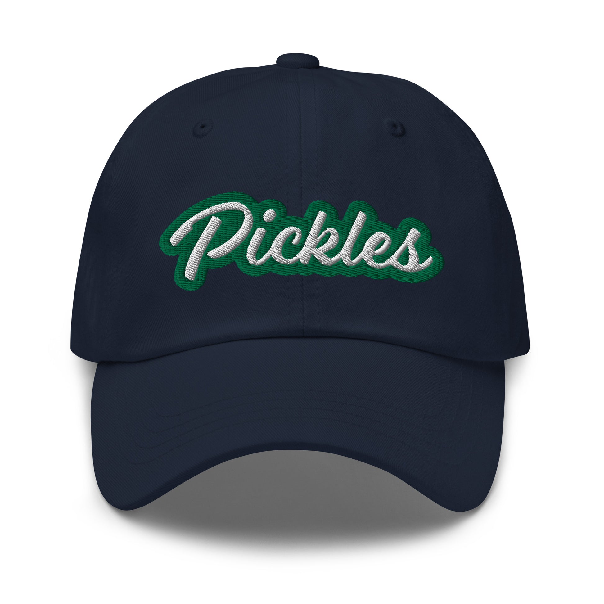 Navy Pickles Hat - Love pickles? Looking for a funny gift for a pickle friend? This pickles hat is made of comfortable cotton with an adjustable closure and the word "pickles", expertly embroidered on the front in green and white. Make a statement and eat your favorite pickles in this funny foodie accessory.