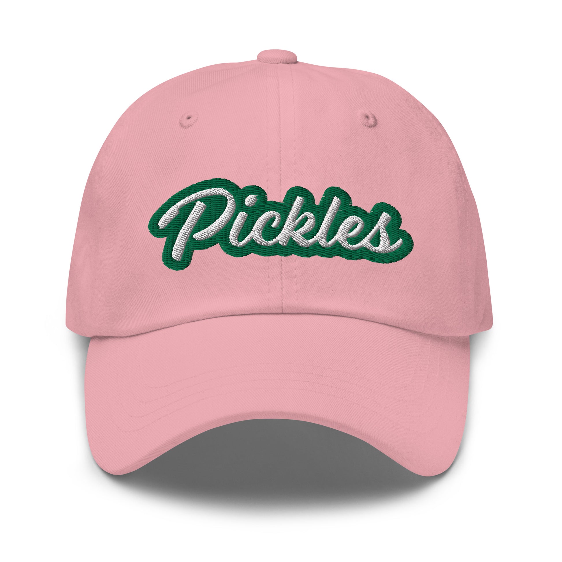 Pink Pickles Hat - Love pickles? Looking for a funny gift for a pickle friend? This pickles hat is made of comfortable cotton with an adjustable closure and the word "pickles", expertly embroidered on the front in green and white. Make a statement and eat your favorite pickles in this funny foodie accessory.