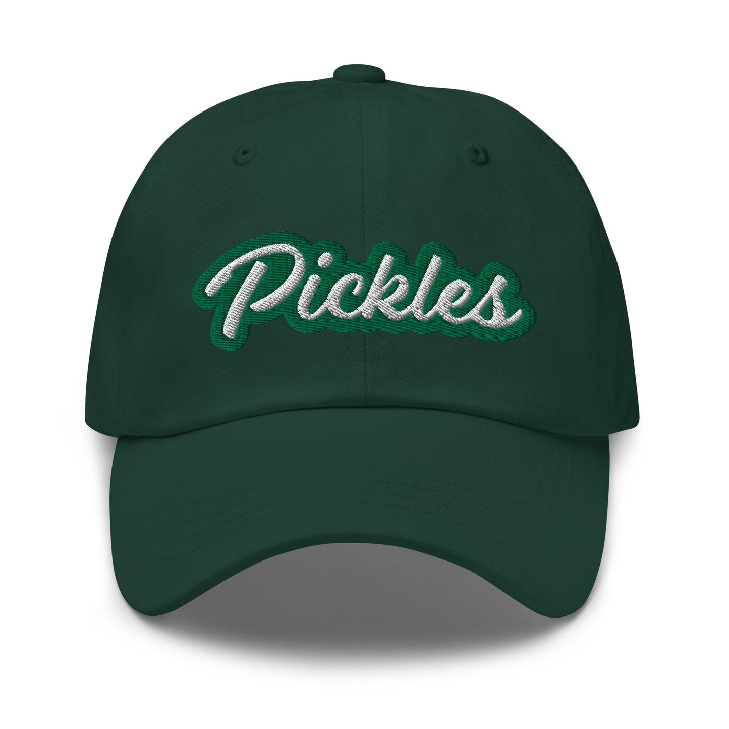 Green Pickles Hat - Love pickles? Looking for a funny gift for a pickle friend? This pickles hat is made of comfortable cotton with an adjustable closure and the word "pickles", expertly embroidered on the front in green and white. Make a statement and eat your favorite pickles in this funny foodie accessory.