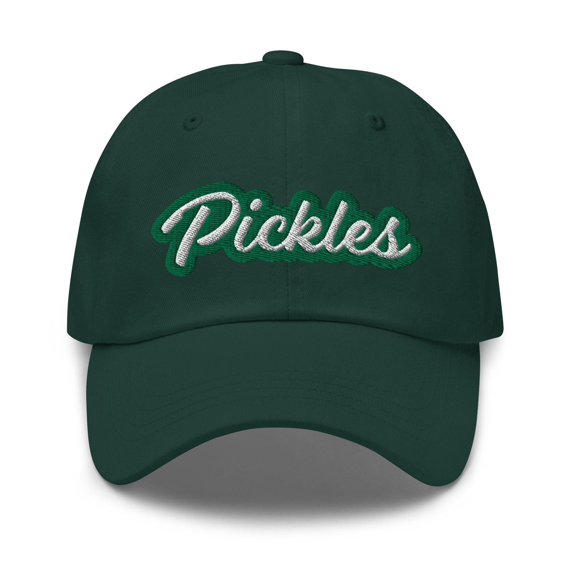 Green Pickles Hat - Love pickles? Looking for a funny gift for a pickle friend? This pickles hat is made of comfortable cotton with an adjustable closure and the word "pickles", expertly embroidered on the front in green and white. Make a statement and eat your favorite pickles in this funny foodie accessory.