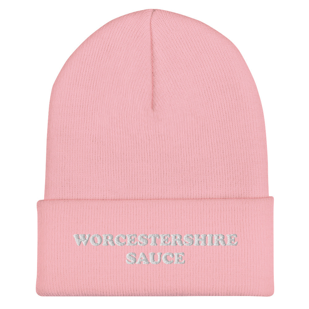 Light Pink Worcestershire Sauce Beanie from Nina's Funky Shop by ninanush - Do you love Worcestershire Sauce? Looking for a funny gift for a foodie? Our Worcestershire Sauce Beanie is perfect for Worcestershire enthusiasts of all kinds. Show off in this weird and funny foodie beanie. It's a statement embroidered hat for Worcestershire Sauce lovers, designed by Nina and made just for you!