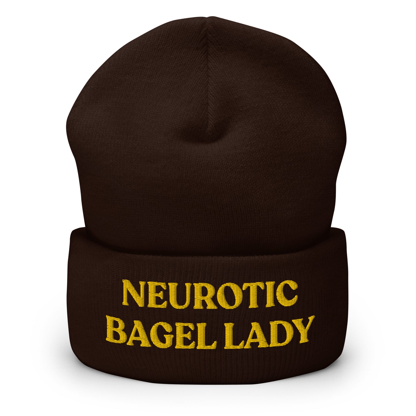Brown - Are you a little neurotic? A proud bagel enthusiast? Our Neurotic Bagel Lady Beanie is just what you need! It's warm, cozy and a funny winter hat for bagel lovers and foodies of all kinds. Looking for something personalized? A different embroidery color? Shoot us an email! 

