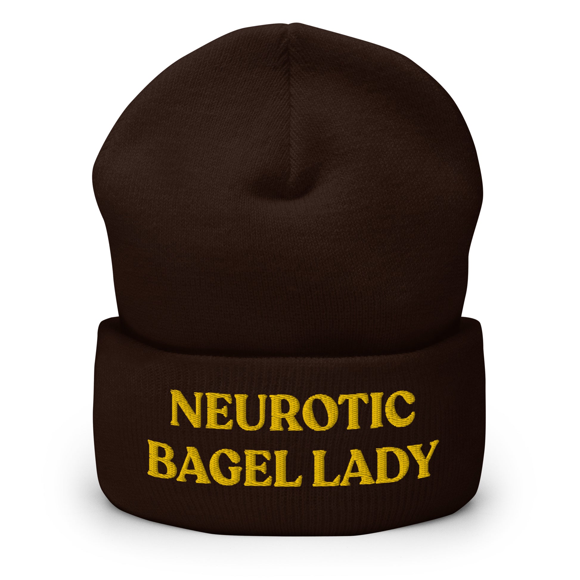 Brown - Are you a little neurotic? A proud bagel enthusiast? Our Neurotic Bagel Lady Beanie is just what you need! It's warm, cozy and a funny winter hat for bagel lovers and foodies of all kinds. Looking for something personalized? A different embroidery color? Shoot us an email! 

