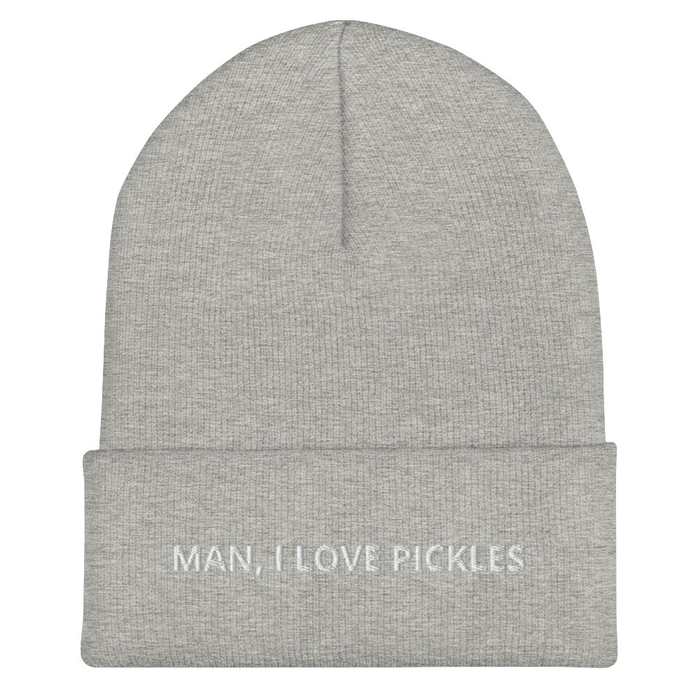 Light gray Man, I Love Pickles Hat from Nina's Funky Shop by ninanush - It's a funny pickle beanie for pickle enthusiasts of all kinds. When you're wearing this hat, everyone will know just how you feel about pickles. It comes in a variety of bold colors, each expertly embroidered with the words "Man, I Love Pickles". A statement hat for pickle lovers, designed by Nina and made just for you!