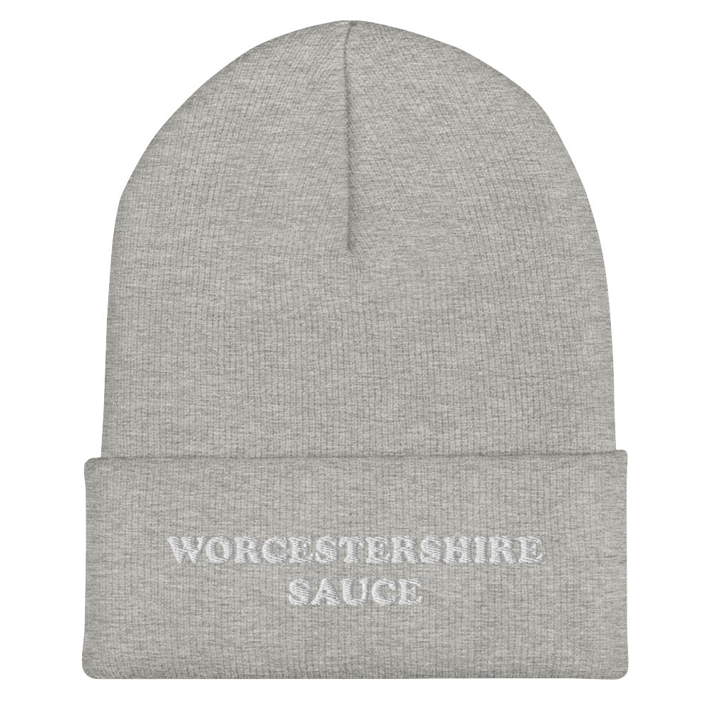 Light Gray Worcestershire Sauce Beanie from Nina's Funky Shop by ninanush - Do you love Worcestershire Sauce? Looking for a funny gift for a foodie? Our Worcestershire Sauce Beanie is perfect for Worcestershire enthusiasts of all kinds. Show off in this weird and funny foodie beanie. It's a statement embroidered hat for Worcestershire Sauce lovers, designed by Nina and made just for you!